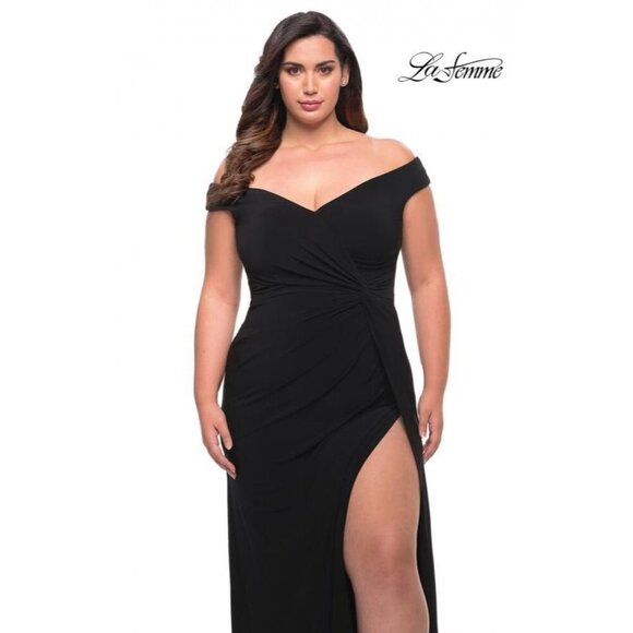 New La Femme Size 14 Black Jersey Off Shoulder Maxi Gown Cocktail Dress 29474 - Picture 2 of 11